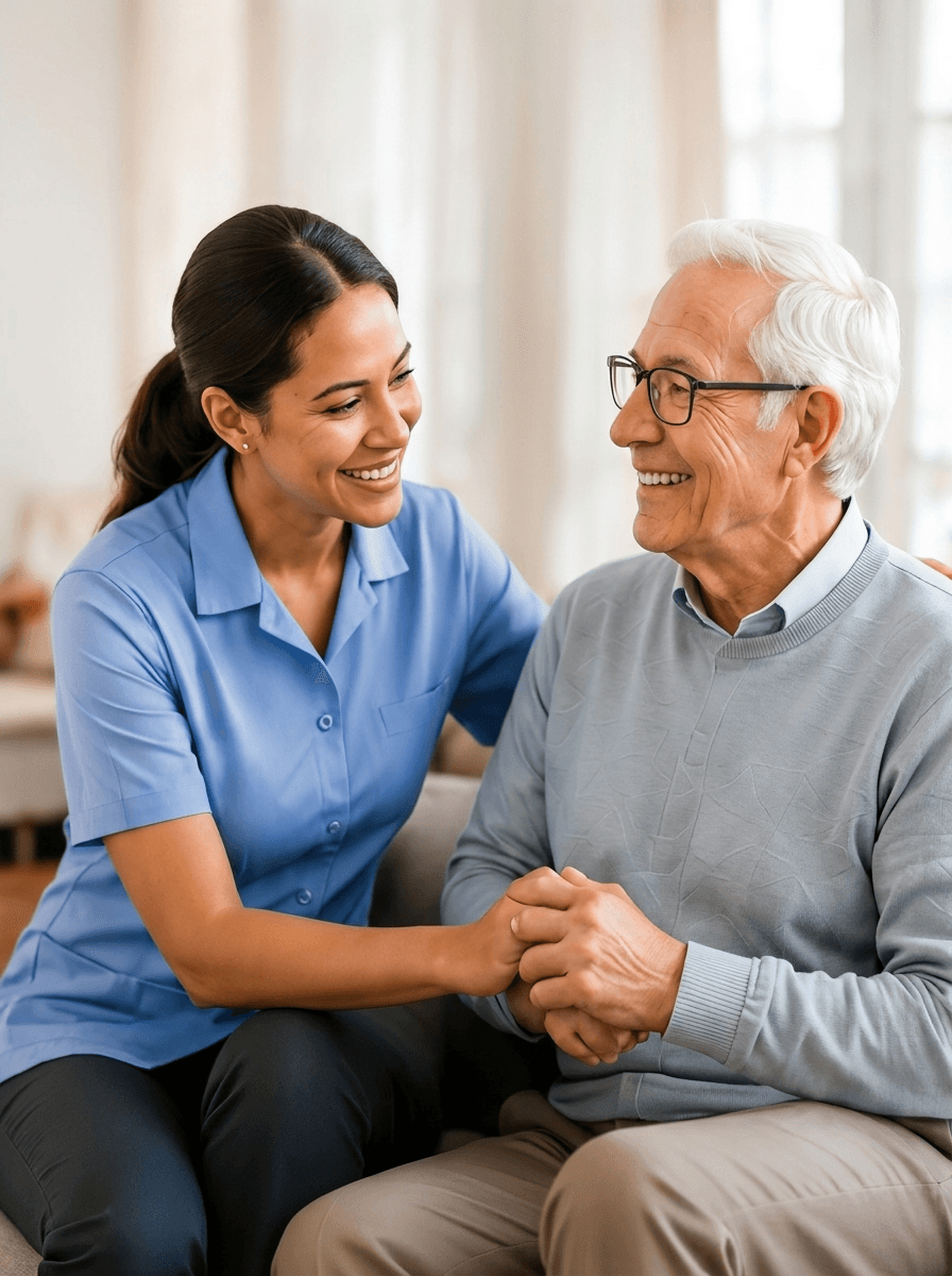 Caregiver smiling with a senior client in a comfortable home setting