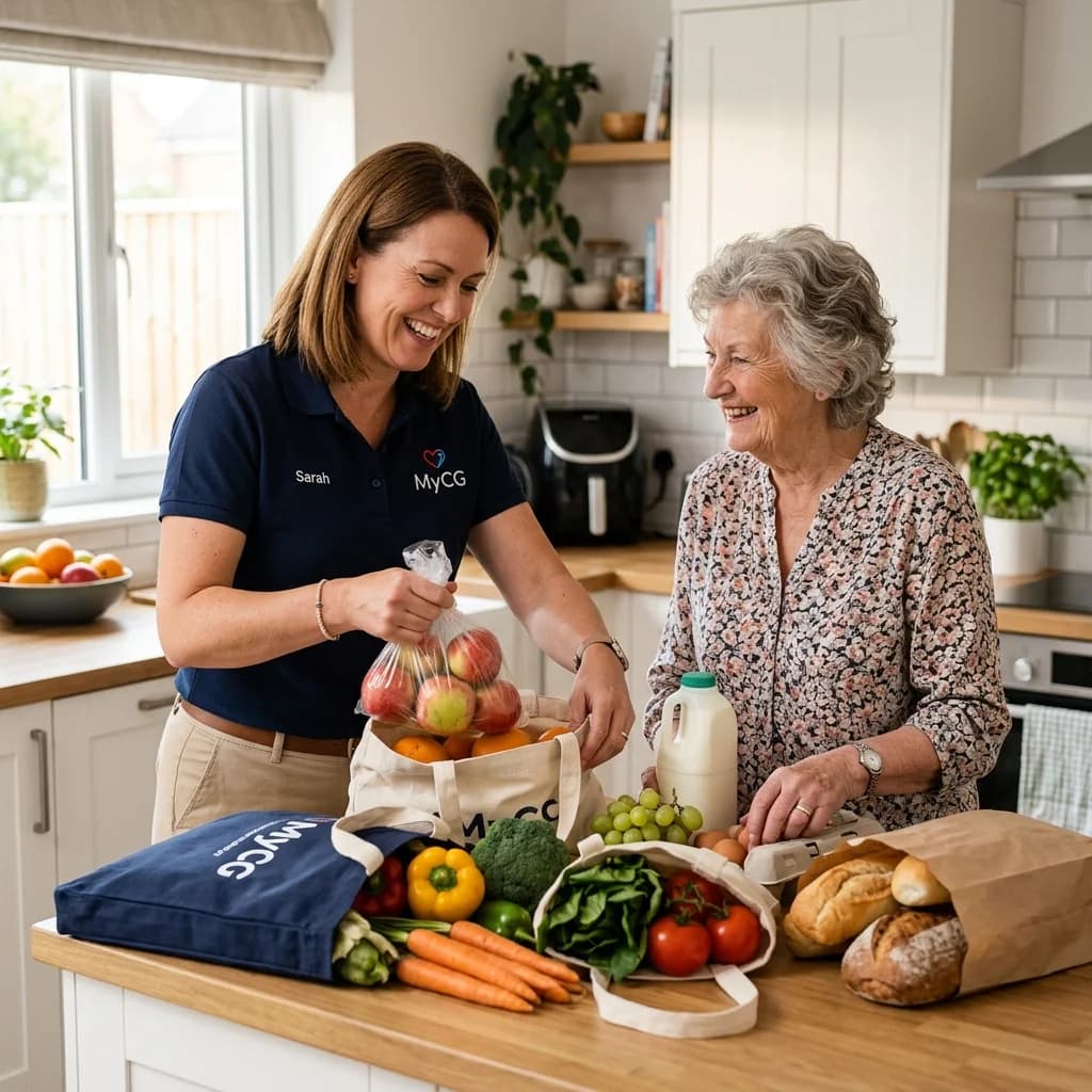 Caregiver and client unpacking groceries together in kitchen