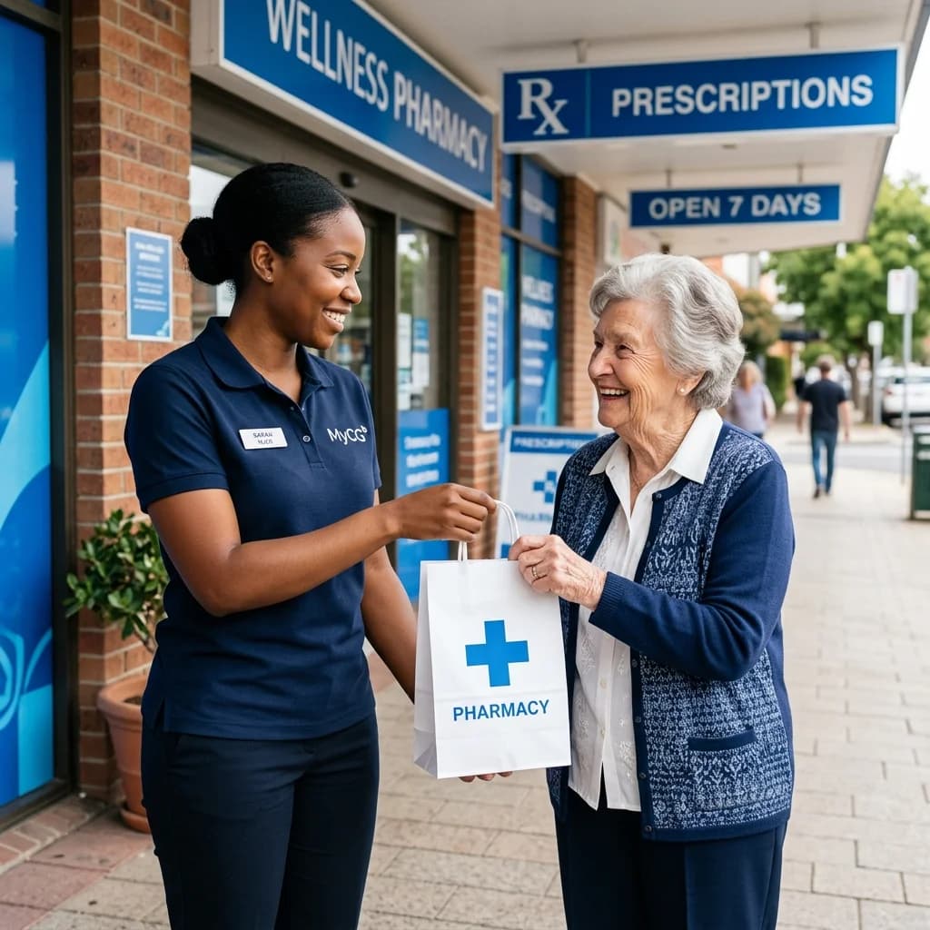 Caregiver delivering prescription to client at pharmacy