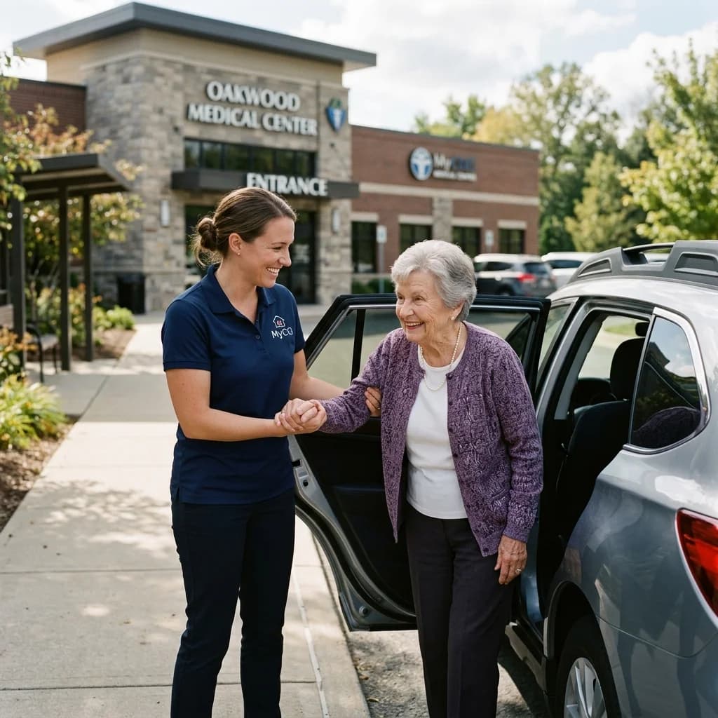 Caregiver helping client with transportation at medical center